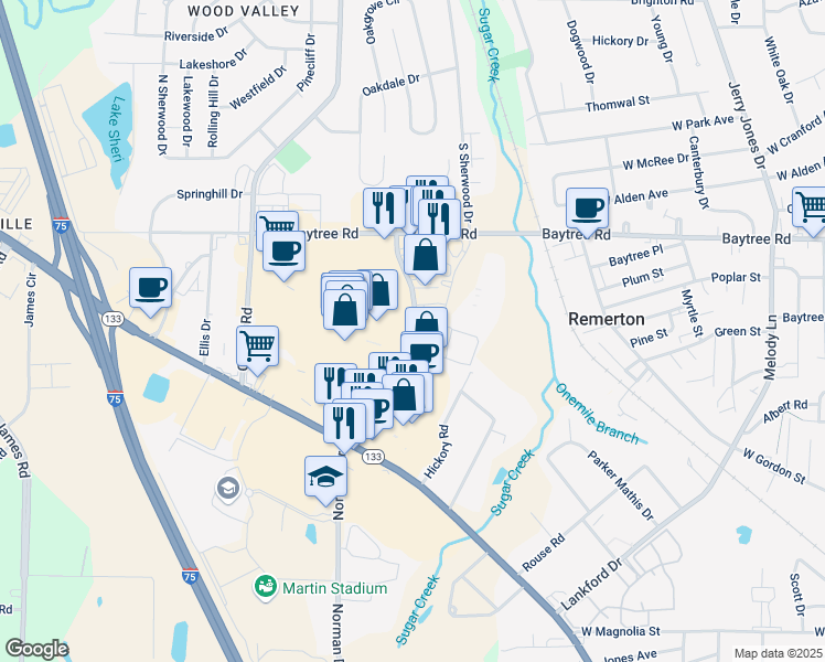 map of restaurants, bars, coffee shops, grocery stores, and more near 1815 Norman Drive in Valdosta