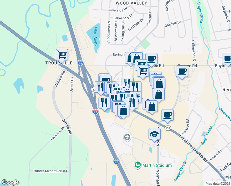 map of restaurants, bars, coffee shops, grocery stores, and more near 1209 Saint Augustine Road in Valdosta