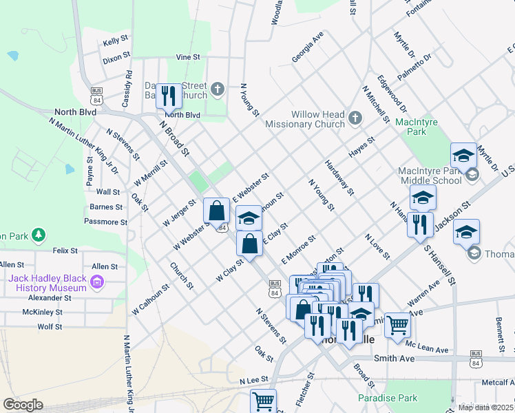 map of restaurants, bars, coffee shops, grocery stores, and more near 513 North Crawford Street in Thomasville