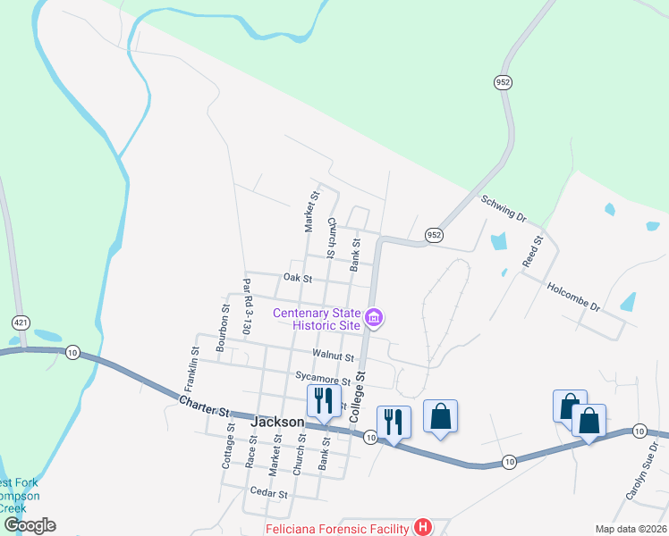 map of restaurants, bars, coffee shops, grocery stores, and more near 3716 Church Street in Jackson