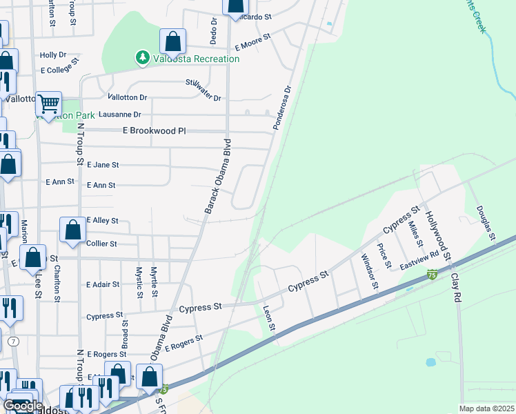 map of restaurants, bars, coffee shops, grocery stores, and more near 803 Ponderosa Drive in Valdosta