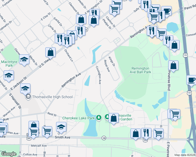 map of restaurants, bars, coffee shops, grocery stores, and more near 119 Covington Place in Thomasville