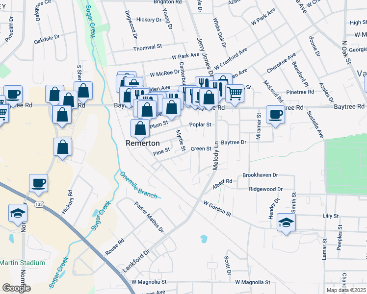 map of restaurants, bars, coffee shops, grocery stores, and more near 1522 Myrtle Street in Valdosta