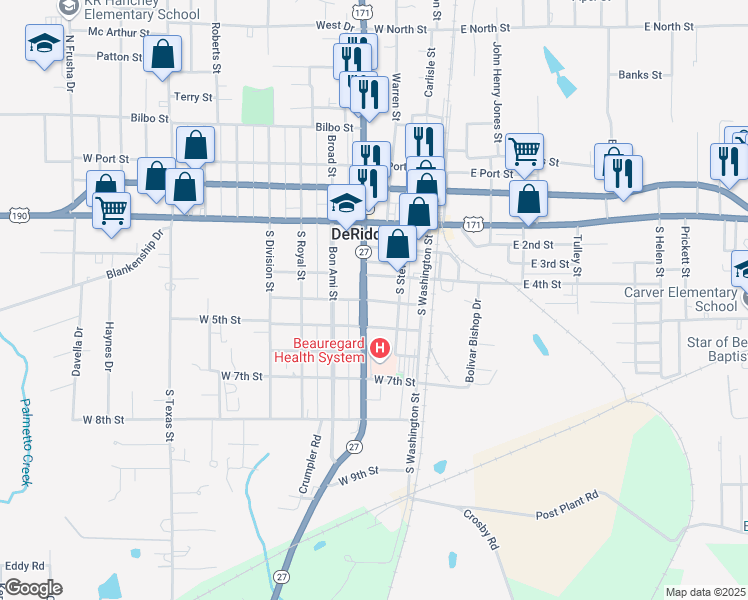 map of restaurants, bars, coffee shops, grocery stores, and more near 211 West 4th Street in DeRidder