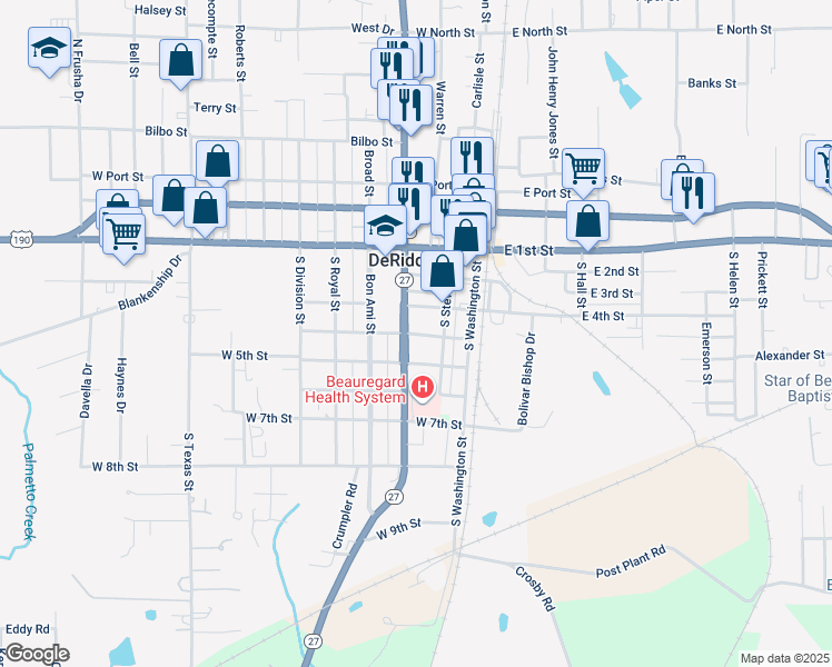 map of restaurants, bars, coffee shops, grocery stores, and more near 211 West 4th Street in DeRidder