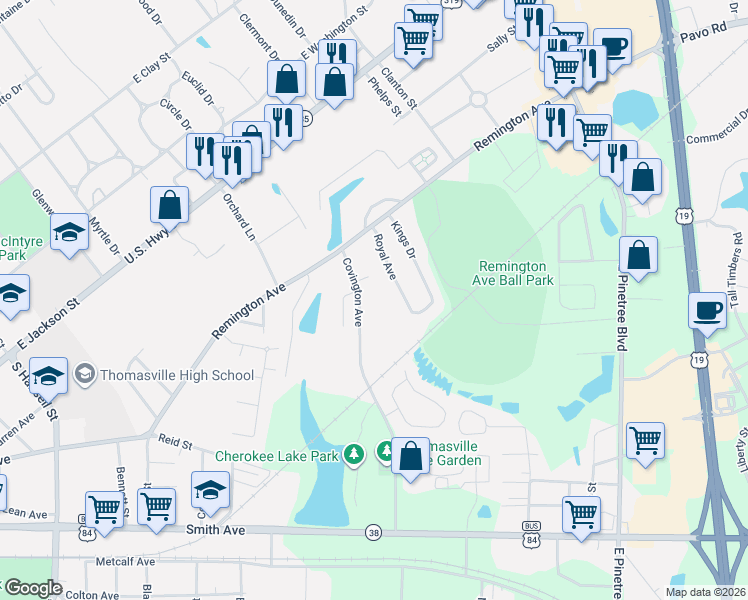 map of restaurants, bars, coffee shops, grocery stores, and more near 112 Royal Avenue in Thomasville