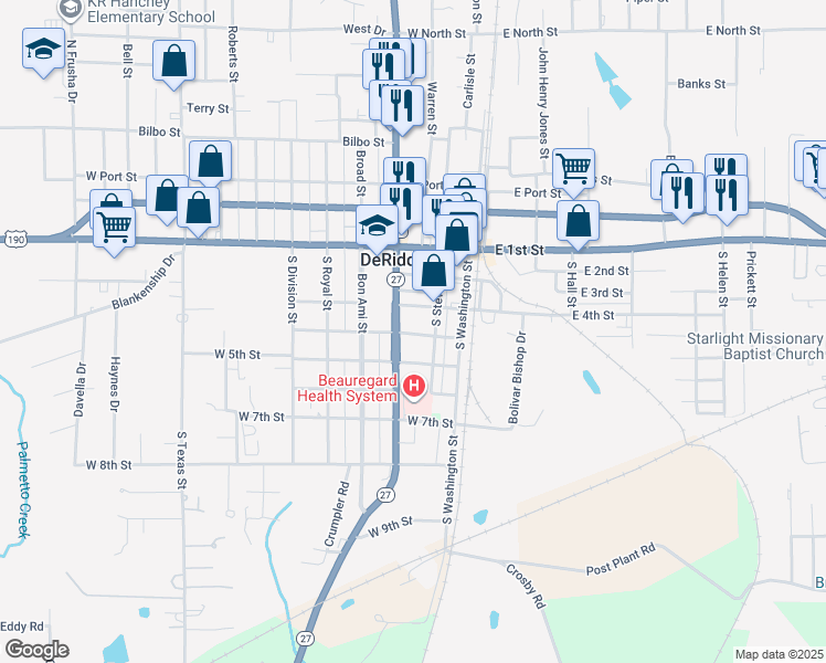 map of restaurants, bars, coffee shops, grocery stores, and more near 202 West 3rd Street in DeRidder