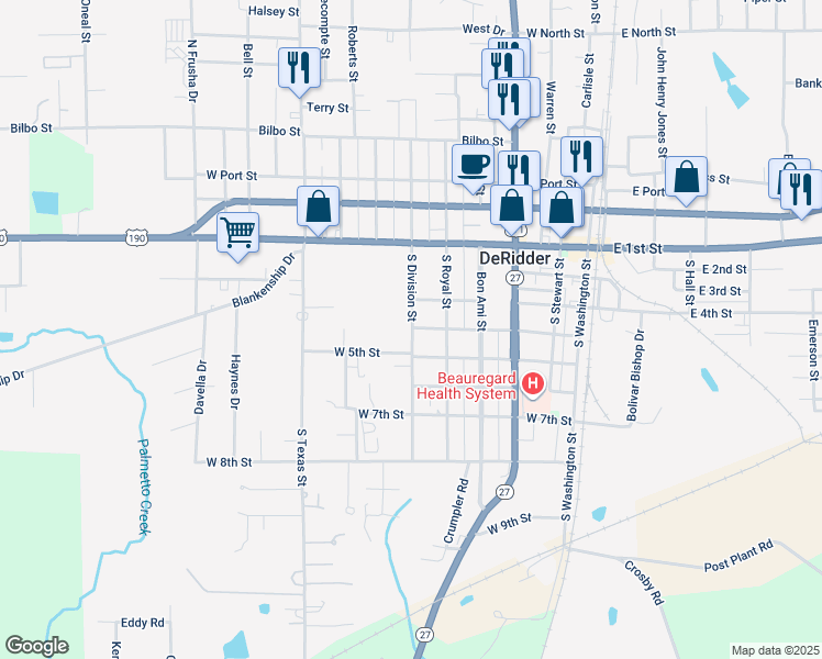 map of restaurants, bars, coffee shops, grocery stores, and more near 602 3rd Street in DeRidder