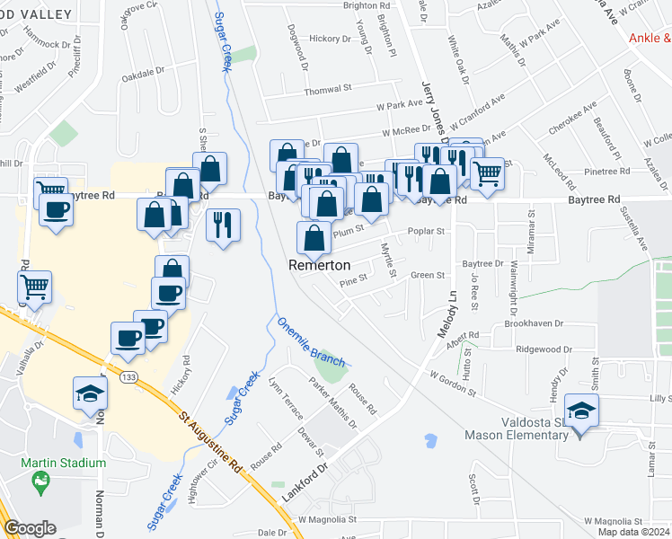 map of restaurants, bars, coffee shops, grocery stores, and more near 1615 Victory Drive in Valdosta