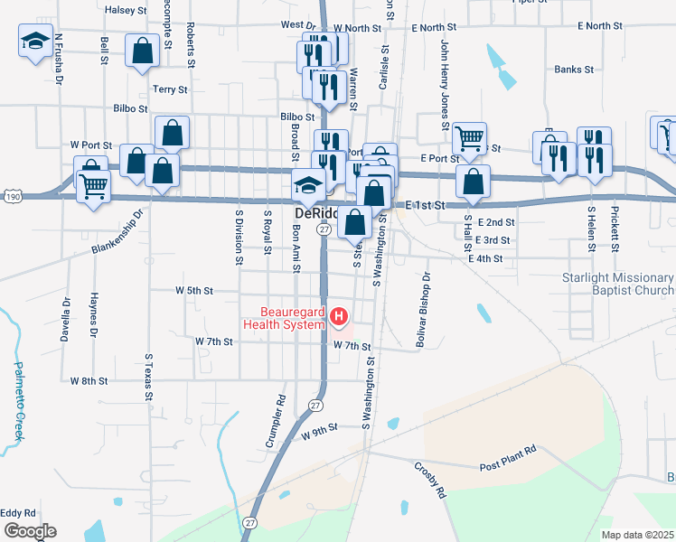map of restaurants, bars, coffee shops, grocery stores, and more near 209 West 4th Street in DeRidder