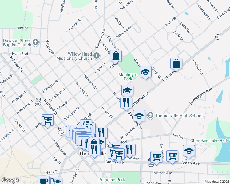 map of restaurants, bars, coffee shops, grocery stores, and more near 320 North Hansell Street in Thomasville