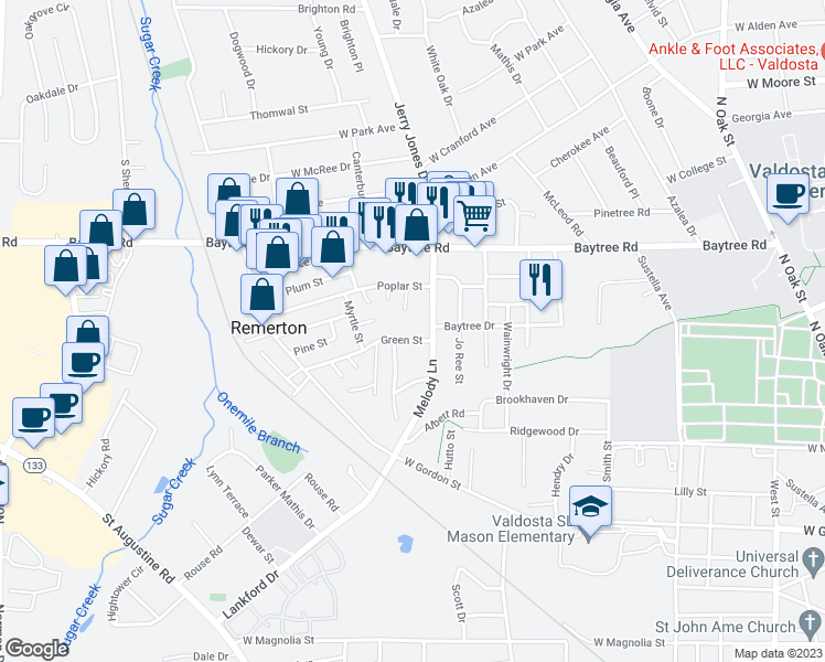map of restaurants, bars, coffee shops, grocery stores, and more near 1300 Melody Lane in Valdosta