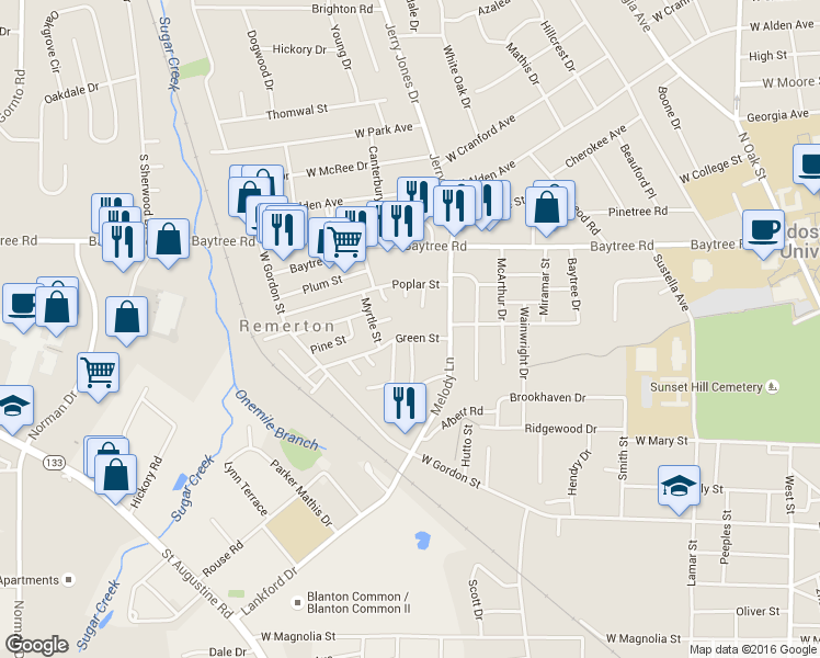 map of restaurants, bars, coffee shops, grocery stores, and more near 1214 Bradley Bowen Drive in Valdosta