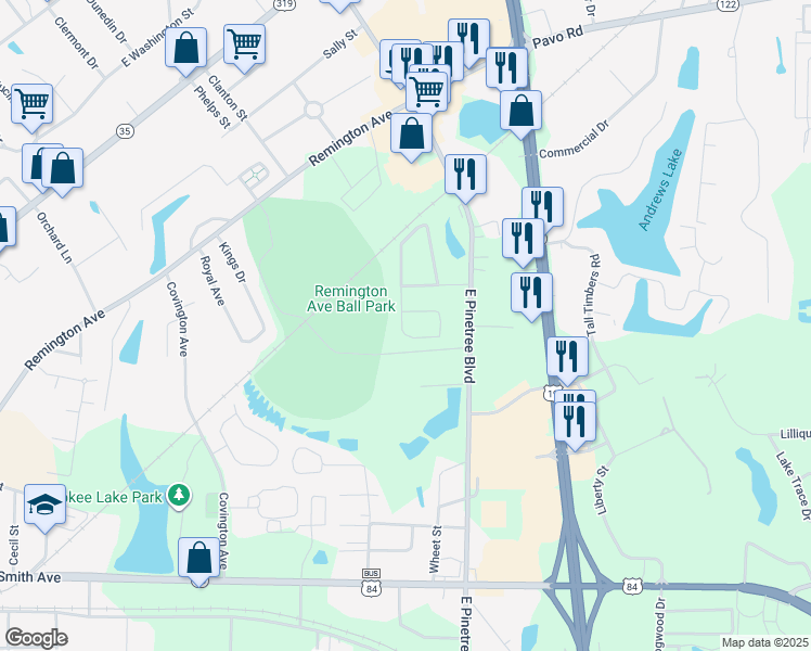 map of restaurants, bars, coffee shops, grocery stores, and more near 121 Pine Lake Drive in Thomasville