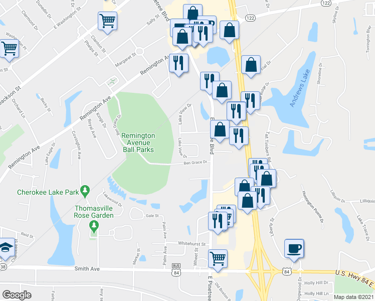 map of restaurants, bars, coffee shops, grocery stores, and more near 2035 East Pinetree Boulevard in Thomasville
