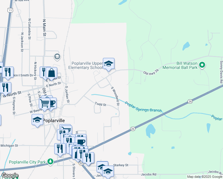 map of restaurants, bars, coffee shops, grocery stores, and more near 202 South Woodard Street in Poplarville