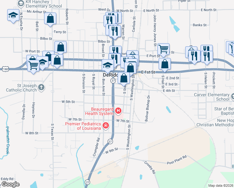 map of restaurants, bars, coffee shops, grocery stores, and more near 211 West 4th Street in DeRidder