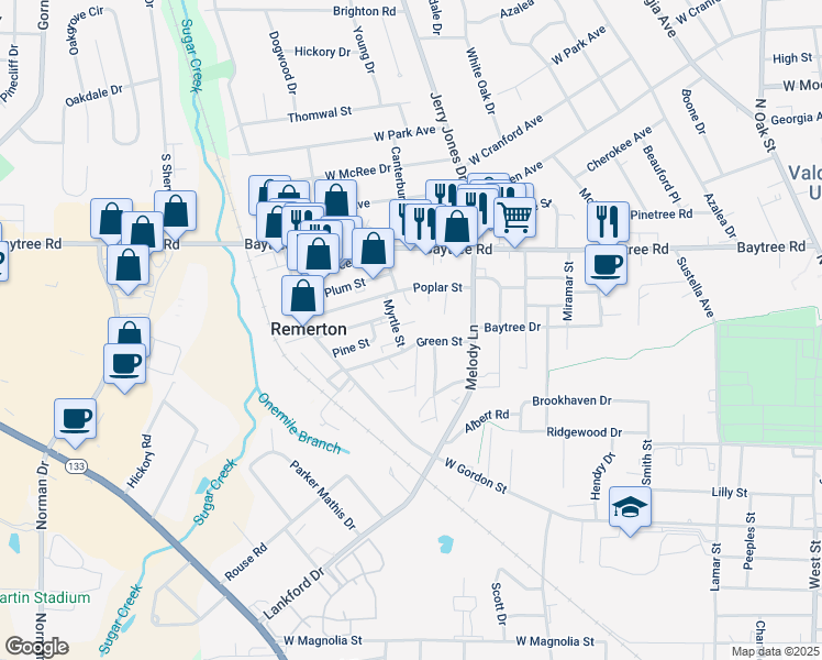 map of restaurants, bars, coffee shops, grocery stores, and more near 1606 Spring Meadow Circle in Valdosta