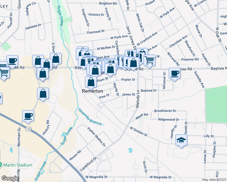 map of restaurants, bars, coffee shops, grocery stores, and more near 1522 Myrtle Street in Valdosta