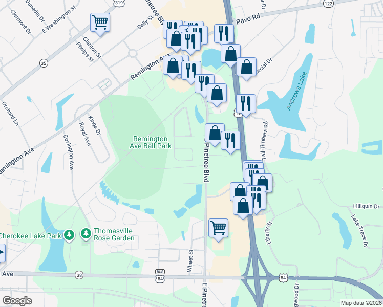 map of restaurants, bars, coffee shops, grocery stores, and more near 2035 East Pinetree Boulevard in Thomasville