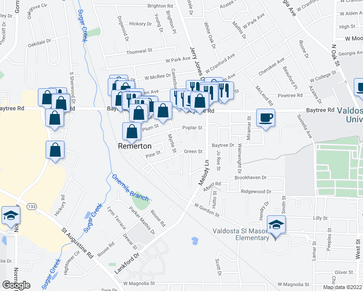 map of restaurants, bars, coffee shops, grocery stores, and more near 1608 Spring Meadow Circle in Valdosta