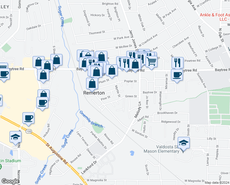 map of restaurants, bars, coffee shops, grocery stores, and more near 1603 Victory Drive in Valdosta