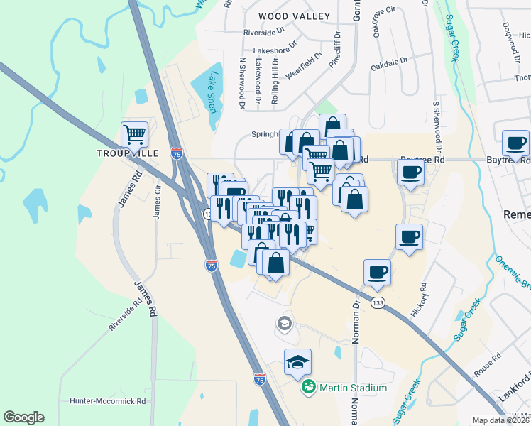 map of restaurants, bars, coffee shops, grocery stores, and more near 1209 Saint Augustine Road in Valdosta