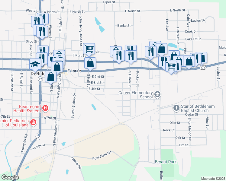 map of restaurants, bars, coffee shops, grocery stores, and more near 429-499 East 4th Street in DeRidder