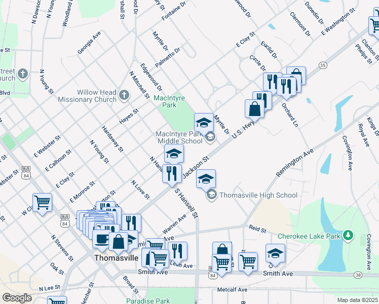 map of restaurants, bars, coffee shops, grocery stores, and more near 117 Glenwood Drive in Thomasville