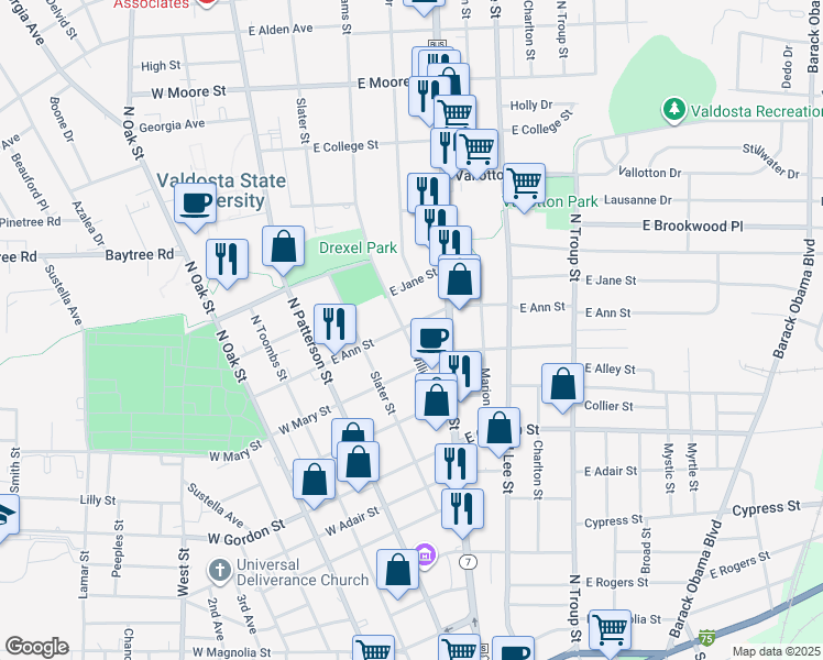 map of restaurants, bars, coffee shops, grocery stores, and more near 301 East Ann Street in Valdosta