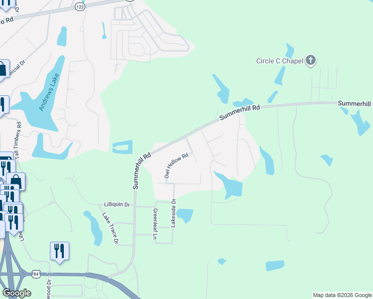 map of restaurants, bars, coffee shops, grocery stores, and more near 86 Flicker Trail in Thomasville