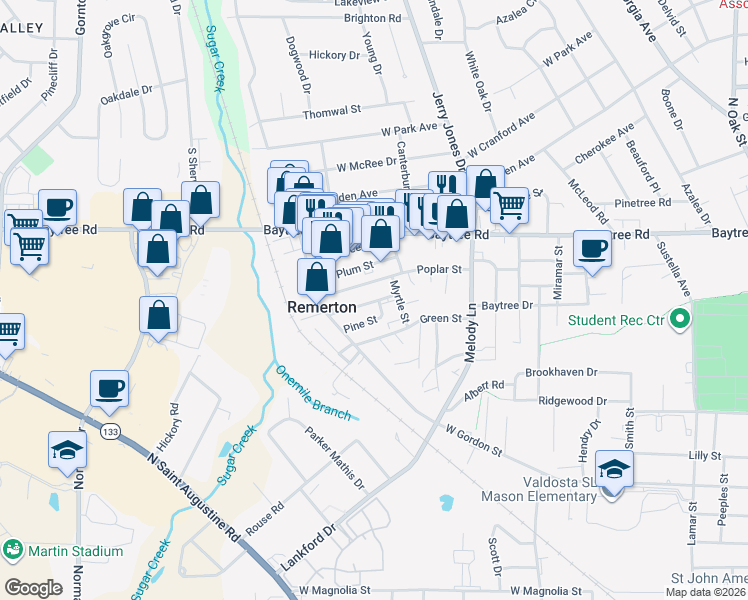 map of restaurants, bars, coffee shops, grocery stores, and more near 1608 Victory Street in Valdosta