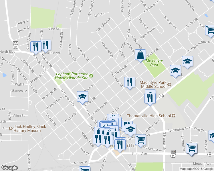map of restaurants, bars, coffee shops, grocery stores, and more near 323 East Clay Street in Thomasville