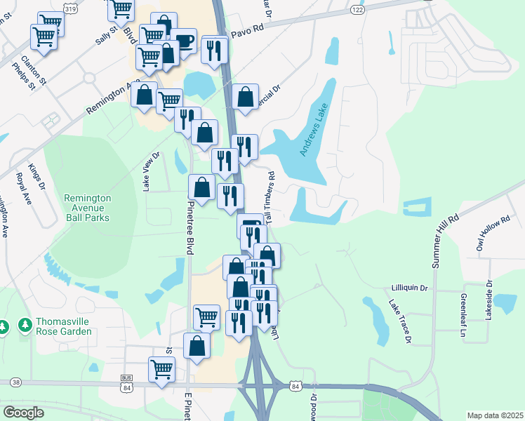 map of restaurants, bars, coffee shops, grocery stores, and more near 222 Tall Timbers Road in Thomasville
