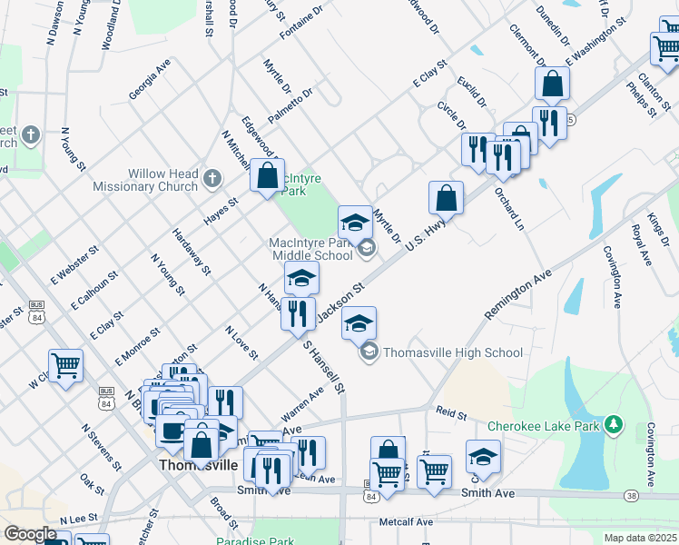map of restaurants, bars, coffee shops, grocery stores, and more near 117 Glenwood Drive in Thomasville