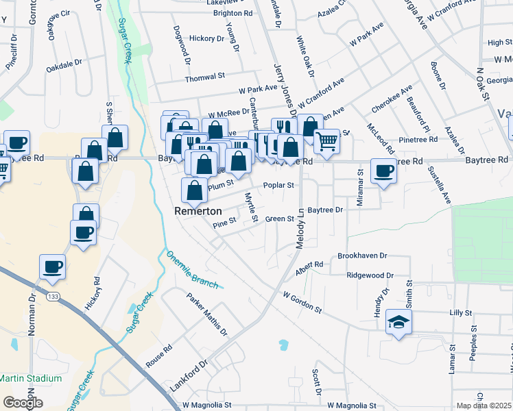 map of restaurants, bars, coffee shops, grocery stores, and more near 1603 Spring Meadow Circle in Valdosta