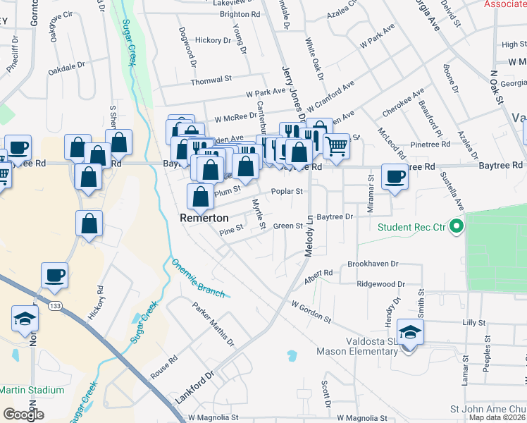 map of restaurants, bars, coffee shops, grocery stores, and more near 1522 Myrtle Street in Valdosta