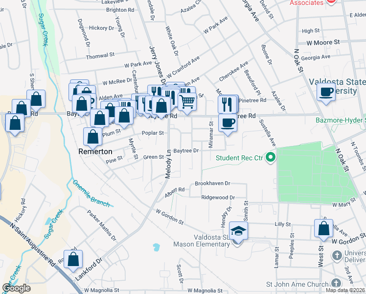 map of restaurants, bars, coffee shops, grocery stores, and more near 1303 Jo Ree Street in Valdosta
