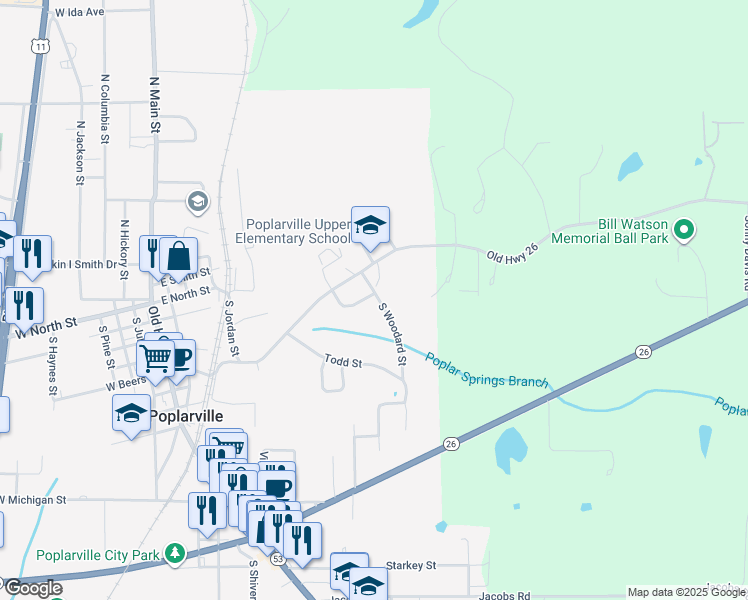 map of restaurants, bars, coffee shops, grocery stores, and more near 202 South Woodard Street in Poplarville