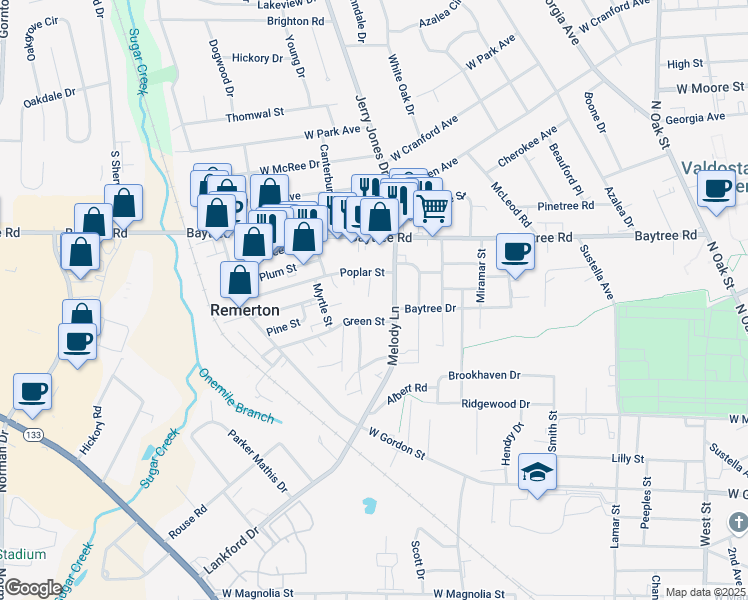 map of restaurants, bars, coffee shops, grocery stores, and more near 1213 Bradley Bowen Drive in Valdosta
