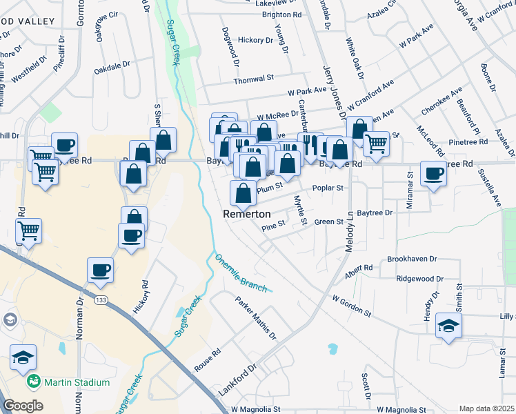 map of restaurants, bars, coffee shops, grocery stores, and more near 1753 Poplar Street in Valdosta
