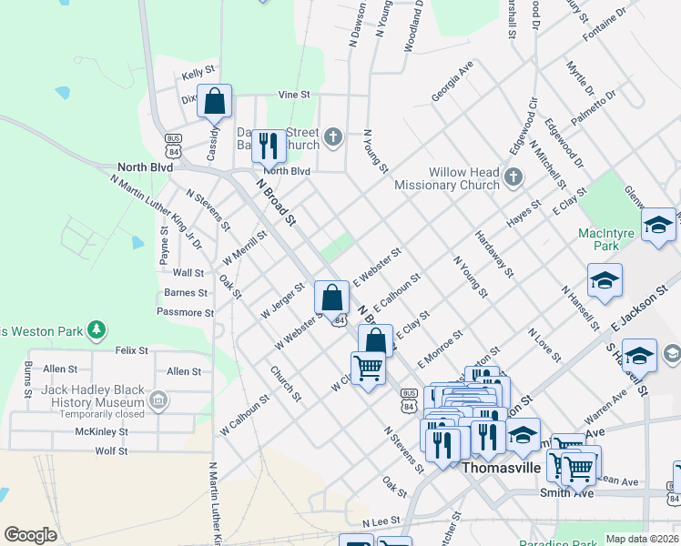 map of restaurants, bars, coffee shops, grocery stores, and more near 718 North Broad Street in Thomasville