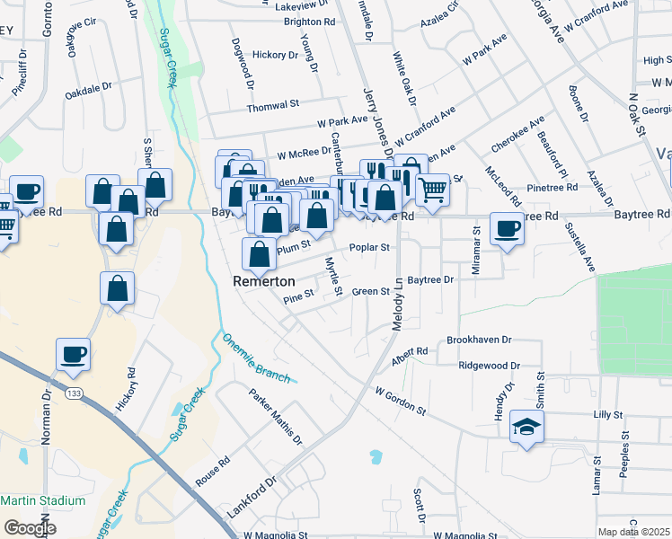 map of restaurants, bars, coffee shops, grocery stores, and more near 1522 Myrtle Street in Valdosta