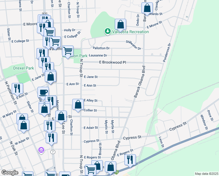 map of restaurants, bars, coffee shops, grocery stores, and more near 737 East Ann Street in Valdosta