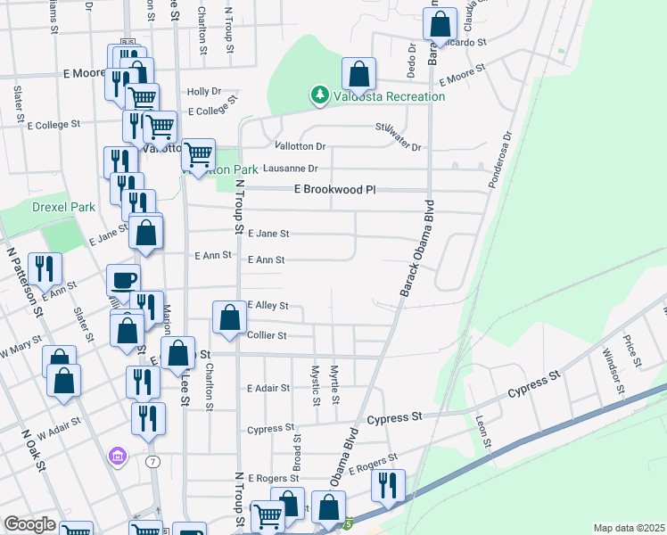 map of restaurants, bars, coffee shops, grocery stores, and more near 737 East Ann Street in Valdosta