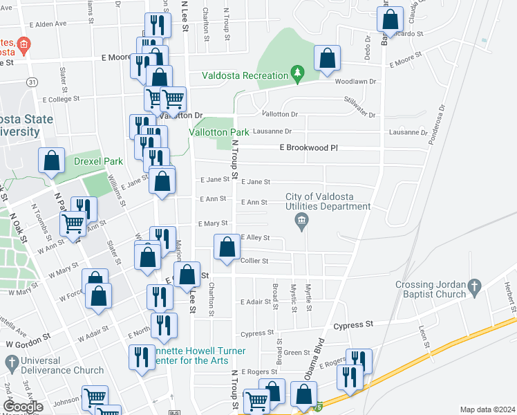 map of restaurants, bars, coffee shops, grocery stores, and more near 711 East Ann Street in Valdosta