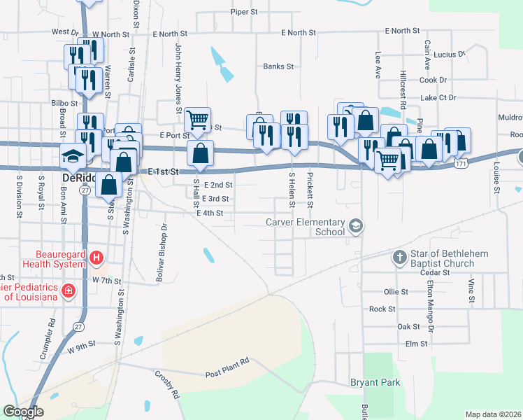map of restaurants, bars, coffee shops, grocery stores, and more near 429 East 4th Street in DeRidder