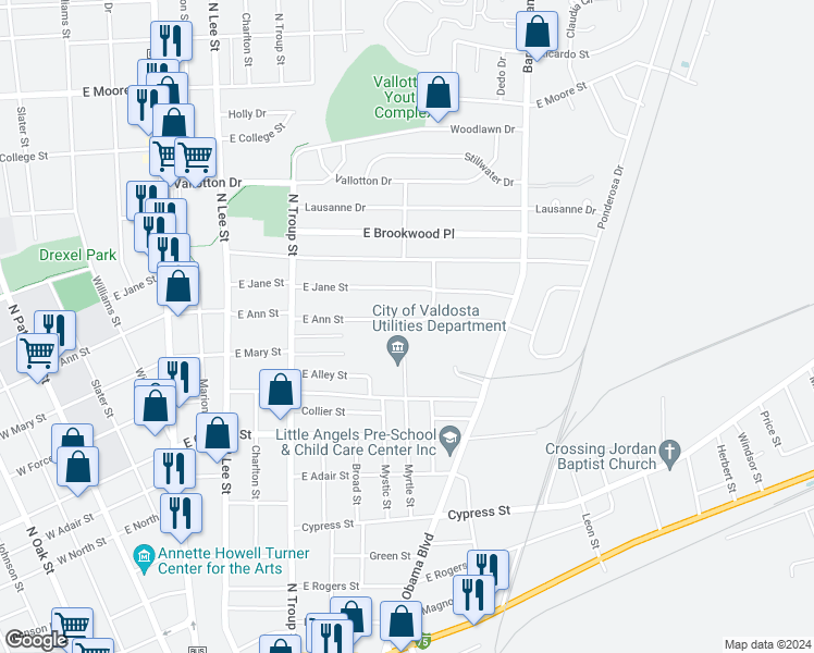map of restaurants, bars, coffee shops, grocery stores, and more near 737 East Ann Street in Valdosta