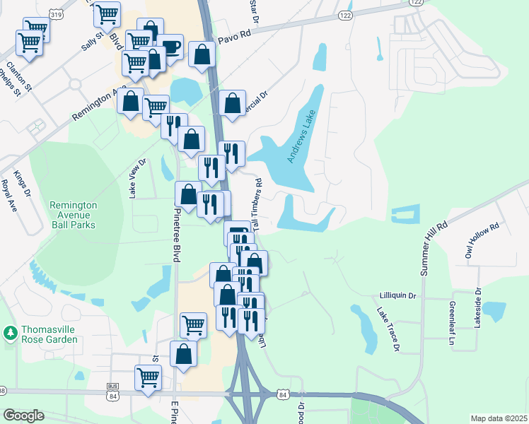 map of restaurants, bars, coffee shops, grocery stores, and more near 222 Tall Timbers Road in Thomasville