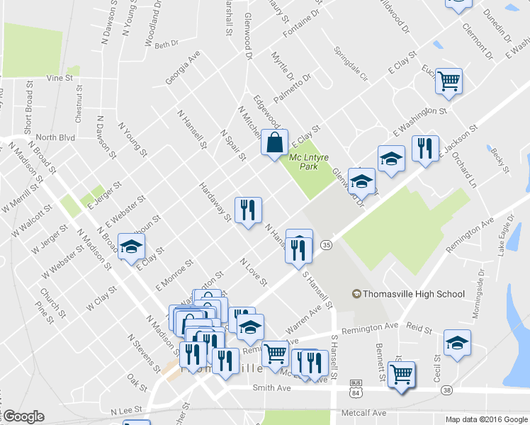 map of restaurants, bars, coffee shops, grocery stores, and more near 320 North Hansell Street in Thomasville